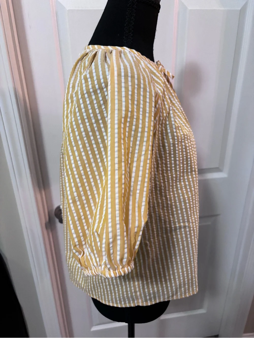 Michael Kors Yellow and White Striped Tie-Neck Blouse